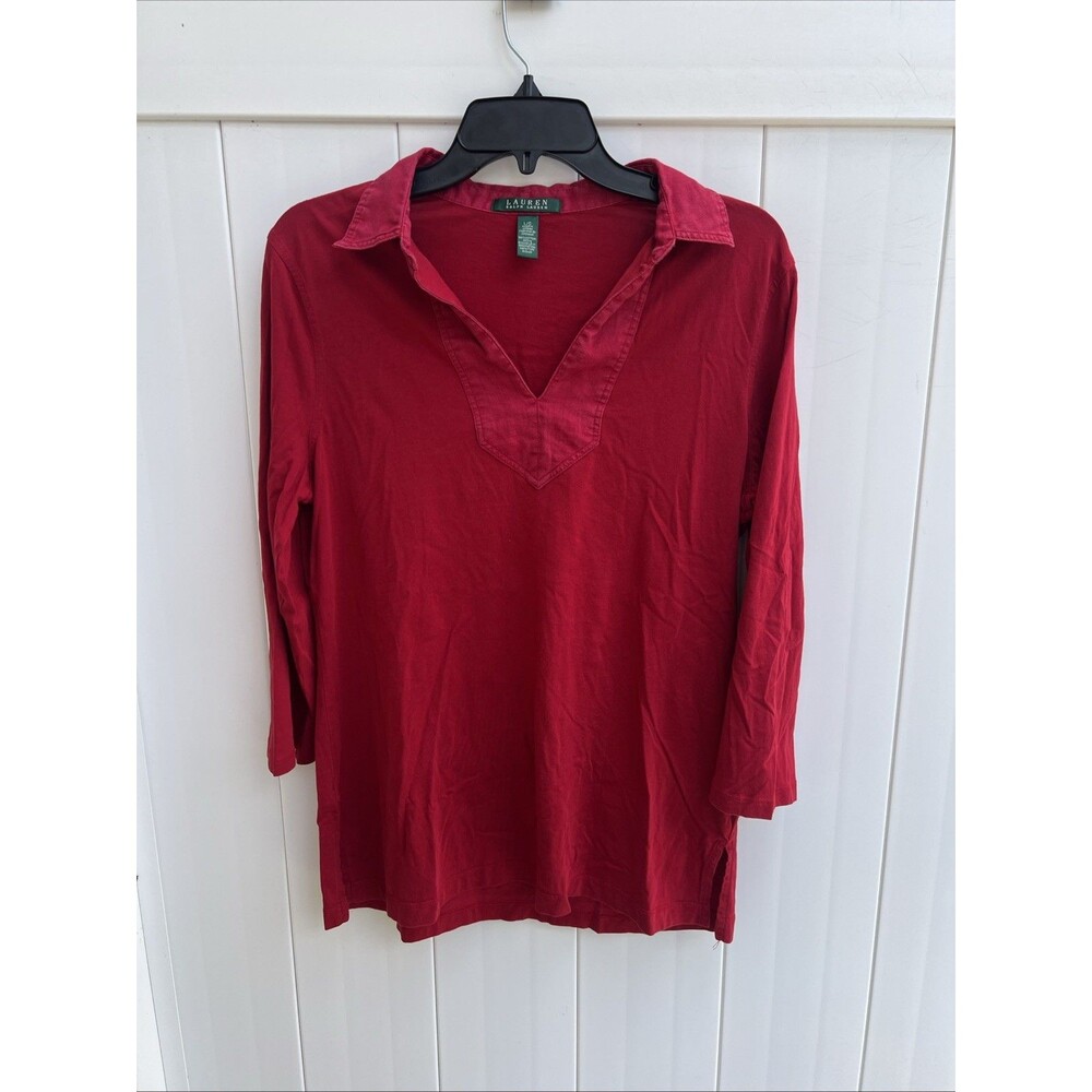 Lauren Ralph Lauren Women's V-Neck Collared Top Red Long Sleeve Sz Large